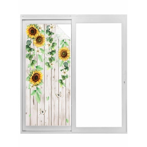 Sunflower Window Privacy Film, Green Botanical Summer Spring Vintage Static Cling UV Sun Blocking Tint Film Heat Control Windows Films for Bedroom Bathroom, Window Stickers 23.6"x59"