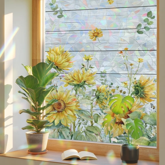 Sunflower Window Privacy Film Rainbow Static Cling Stain Glass Window Film for Glass Door, Decorative Sunroof Decal Sticker for Car Home 17.7"x39.3" Summer Eucalyptus Botanical Floral Farmhouse