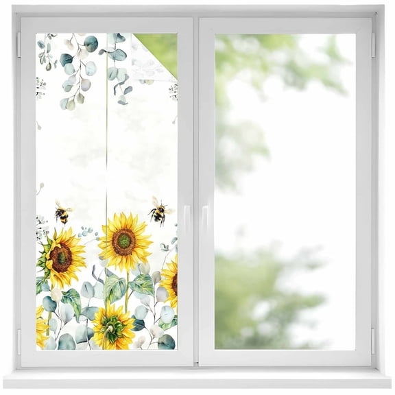 Sunflower Window Privacy Film, Sage Green Summer Botanical Eucalyptus Farmhouse Bee Static Cling UV Sun Blocking Heat Control Window Tint, Non-Adhesive One Way Windows Privacy Cover 17.7''x39.3''