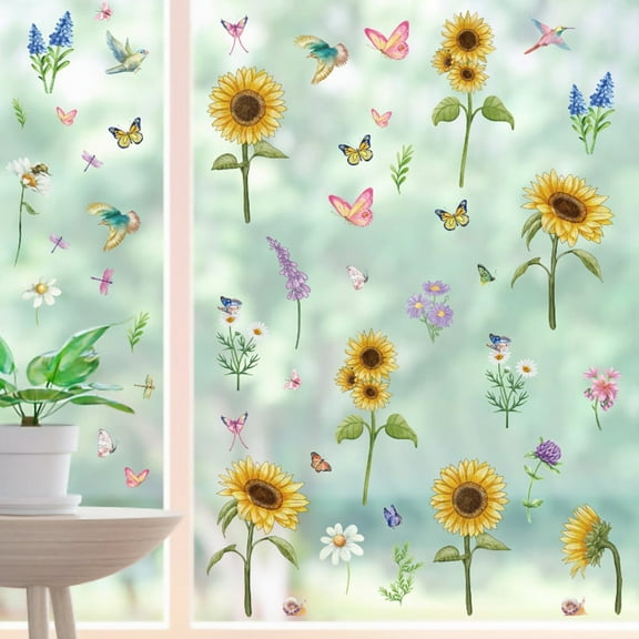 Sunflower Window Stickers, Spring Summer Decorative Wall Decals, Removable Static Cling Sticker for Glass