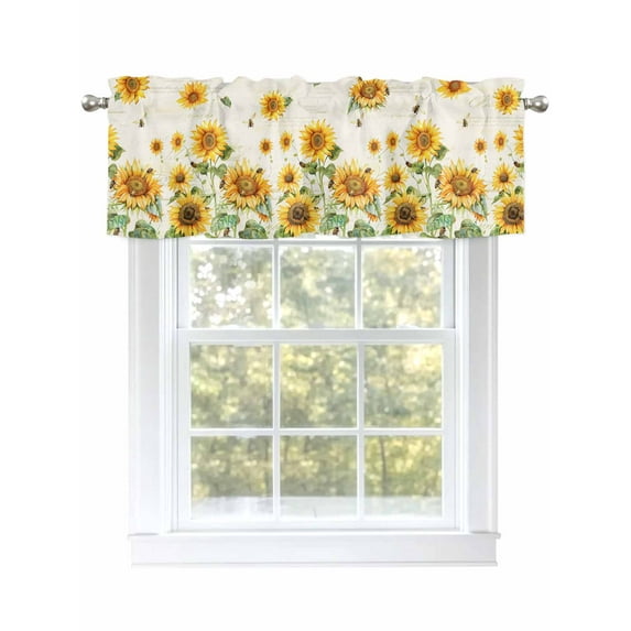 Sunflower Window Valances for Kitchen, Bee Farmhouse Flower Country Retro Rod Pocket Valances Windows Treatments Curtains for Living Room Bathroom Bedroom Decoration 60" x 18"