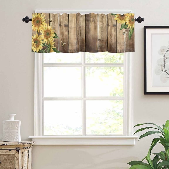 Sunflower Window Valances for Kitchen, Summer Pastoral Bee Wood Plank Rod Pocket Valances Windows Treatments Curtains for Living Room Bathroom Bedroom Decoration 42" x 12"