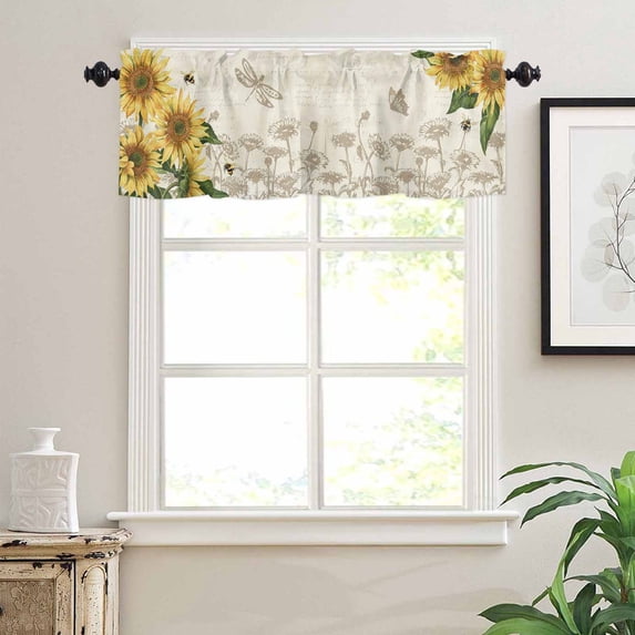Sunflower Window Valances for Kitchen, Summer Pastoral Plant Bee Vintage Rod Pocket Valances Windows Treatments Curtains for Living Room Bathroom Bedroom Decoration 54" x 18"