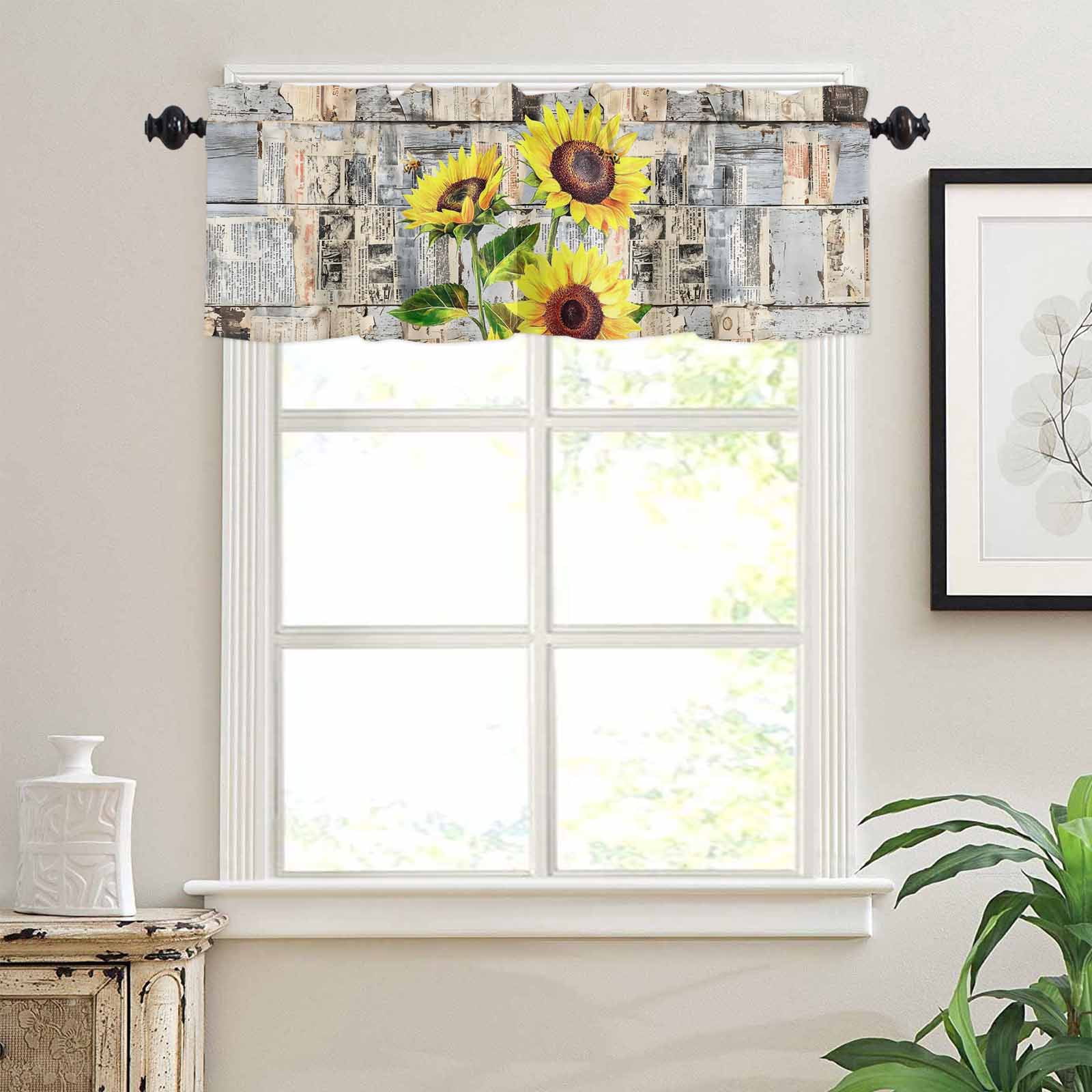 Paper Window Valance Sunflower Window Valances for Kitchen, Summer Vintage Newspaper Wood ...