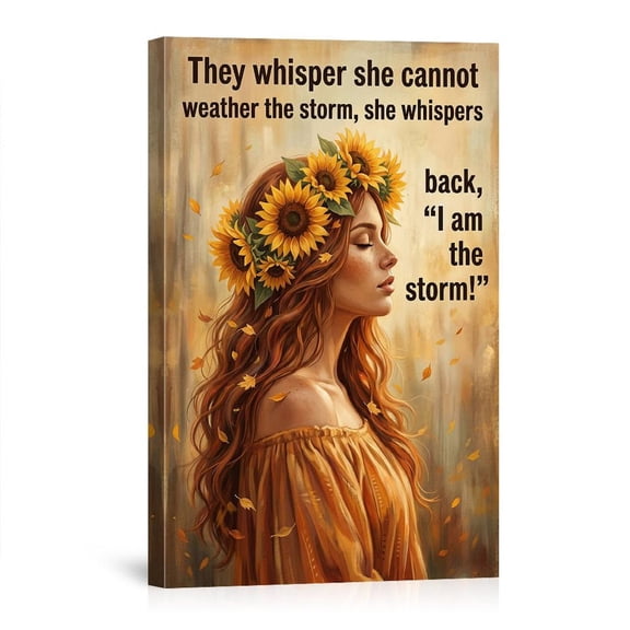 Sunflower Woman I Am The Storm Inspirational Quote Fall Floral For Living Room Bedroom Empowerment Home Canvas