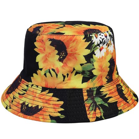Sunflower Women Reversible Bucket Hat Summer Travel Lightweight Foldable Beach Outdoor Hat - Black