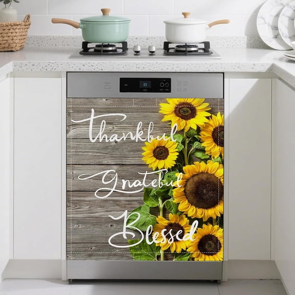 Sunflower Wood Grain Dishwasher Magnet Cover Front Dishwasher Sticker Reusable Waterproof Removable Refrigerator Magnet Cover for Home Kitchen Appliance 23x26 Inch