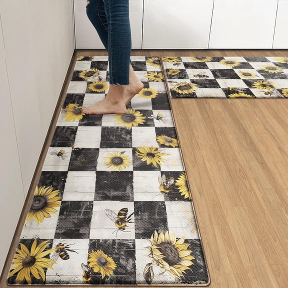 Sunflower Wooden Anti-Fatigue Kitchen Rug Set of 2 Bee Black Farmhouse Vintage Cushioned Kitchen Floor Standing Mat Waterproof Non-Slip Kitchen Mat and Rugs PVC Ergonomic Comfort Foam Rug