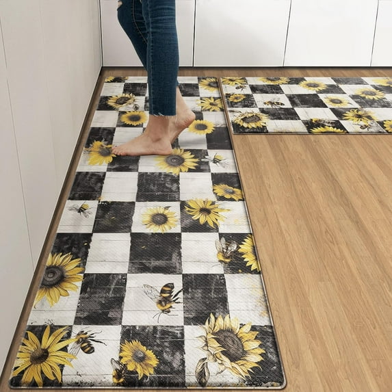 Sunflower Wooden Anti-Fatigue Kitchen Rug Set of 2 Bee Black Farmhouse Vintage Cushioned Kitchen Floor Standing Mat Waterproof Non-Slip Kitchen Mat and Rugs PVC Ergonomic Comfort Foam Rug