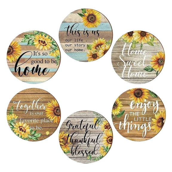 Sunflower Wooden Coasters 6-Piece Set - Inspirational Quotes, Rustic Farmhouse Design, Absorbent & Heat-Resistant - for Coffee Tables, Dining Rooms, Home Decor, Housewarming Gifts, Everyday Use
