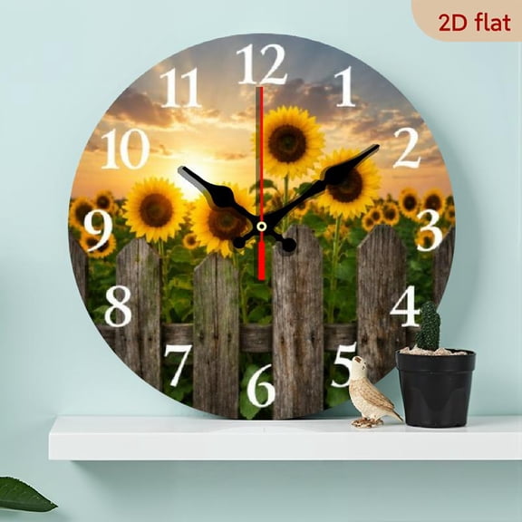 Sunflower Wooden Fence Sunset Landscape Theme Wall Clock, Ideal for Living Room Kitchen Bedroom Home Decor, Wonderful Gift for Family and Friends 10*10in