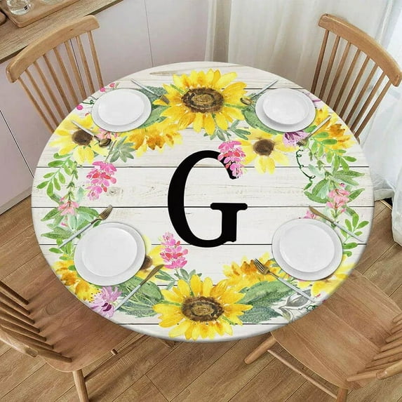 Sunflower Wooden Round Tablecloth Elastic Fitted Table Covers for Indoor and Outdoor Kitchen Table Decor Home Decoration