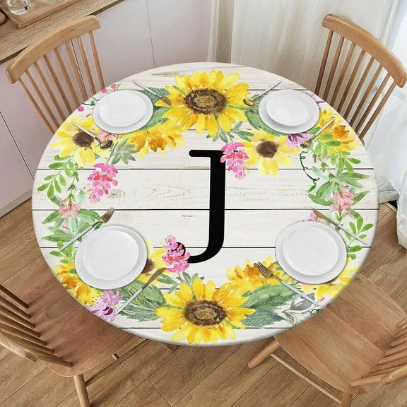 Sunflower Wooden Round Tablecloth Elastic Fitted Table Covers for Indoor and Outdoor Kitchen Table Decor Home Decoration