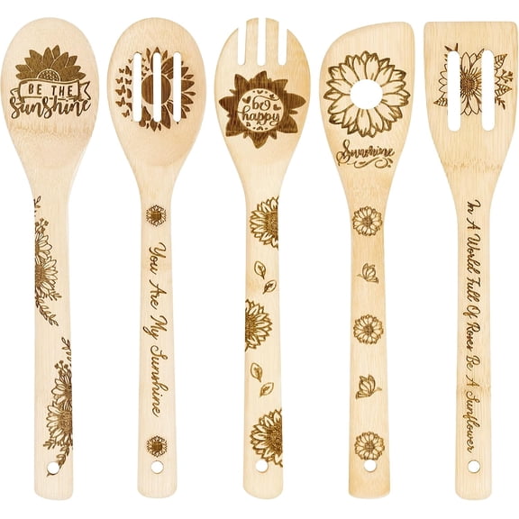 Sunflower Wooden Spoon Utensils - 5Pcs Summer Sunflower Theme Kitchen Cooking Utensil Set Natural Non-Stick Carve Burned Bamboo Cooking Spoon Slotted Spatulas Kitchen Tool Birthday Wedding Gift