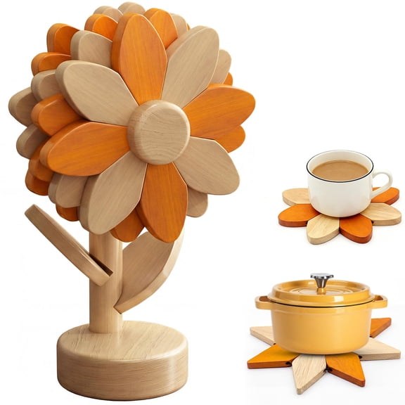 Sunflower Wooden Trivets for Hot Dishes Set of 5 - Beech Wood Heat Resistant Trivet Mats for Hot Pots Pans Bowls Teapots, Foldable Flower Coasters with Tree Stand Holder, Housewarming Kitchen Gift