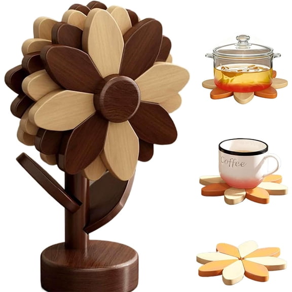 Sunflower Wooden Trivets for Hot Dishes, 5-Piece Housewarming Gift
