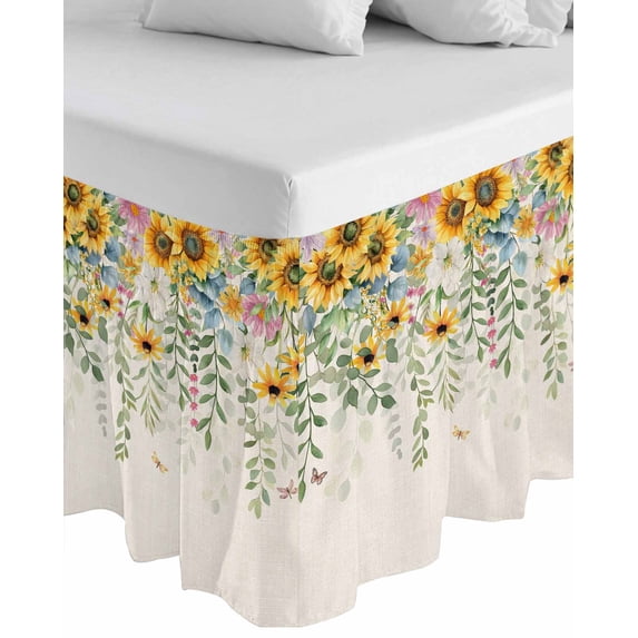 Sunflower Wrap Around Bed Skirts for King Bed 16" Drop, Bed Skirt with Adjustable Elastic Belt Dust Ruffle Bed Valance for Bedroom Hotel Luxury Rustic Summer Botanical Eucalyptus Leaf Bed Frame Cover