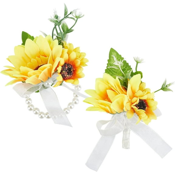 Sunflower Wrist Corsage Set Wedding Flowers Accessories Artificial Flower Wrist Boutonniere Buttonholes Flower Wrist Corsage Groom and Brides Wedding Flowers Accessories