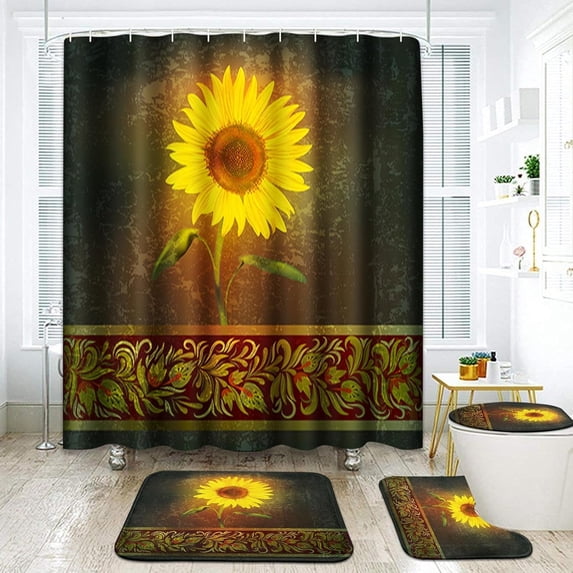 Yellow Sunflower Floral Bathroom Set with Shower Curtain and Rugs and Accessories, Spring Flower Vintage Retro Shower Curtain Set,Wildflower Shower Curtain for Bathroom Decor 4 Pcs