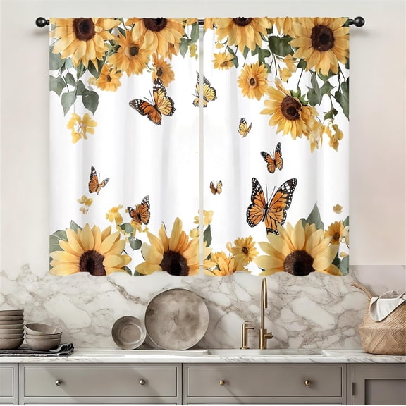 Sunflower Yellow Floral Kitchen Curtain 27.5W X 39L Inch 2 Panel Rod Pocket Rustic Country Flower Butterfly Farmhouse Over Sink Small Short Cafe Tier Bright Window Drapes Bathroom Home Decor