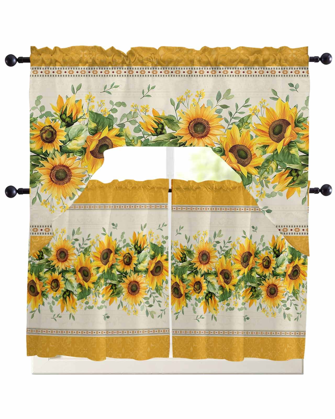 Sunflower Yellow Kitchen Curtains Swag Valance and Tier Curtains Set 24 ...
