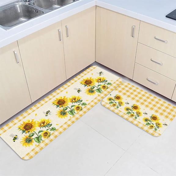 Sunflower Yellow Plaid Kitchen Rugs Set of 2 Floor Mats, Rustic Floral Checkered Kitchen Rugs and Mats Non Skid, Cushioned Comfort Standing Mats, 16"x24"+16"x48"