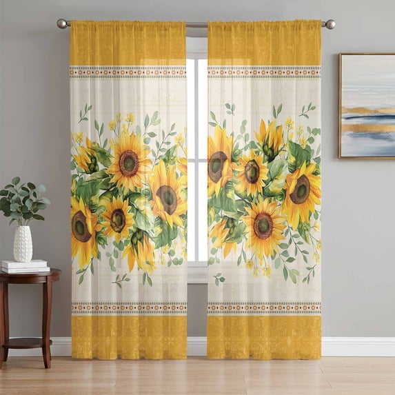 Sunflower Yellow Semi Sheer Curtains 72 Inch Length 2 Panels Set, Retro Southwest Country Plant Leaf Floral Sheer Kitchen Curtain Privacy Voile Window Curtain for Living Room Bedroom Drapes