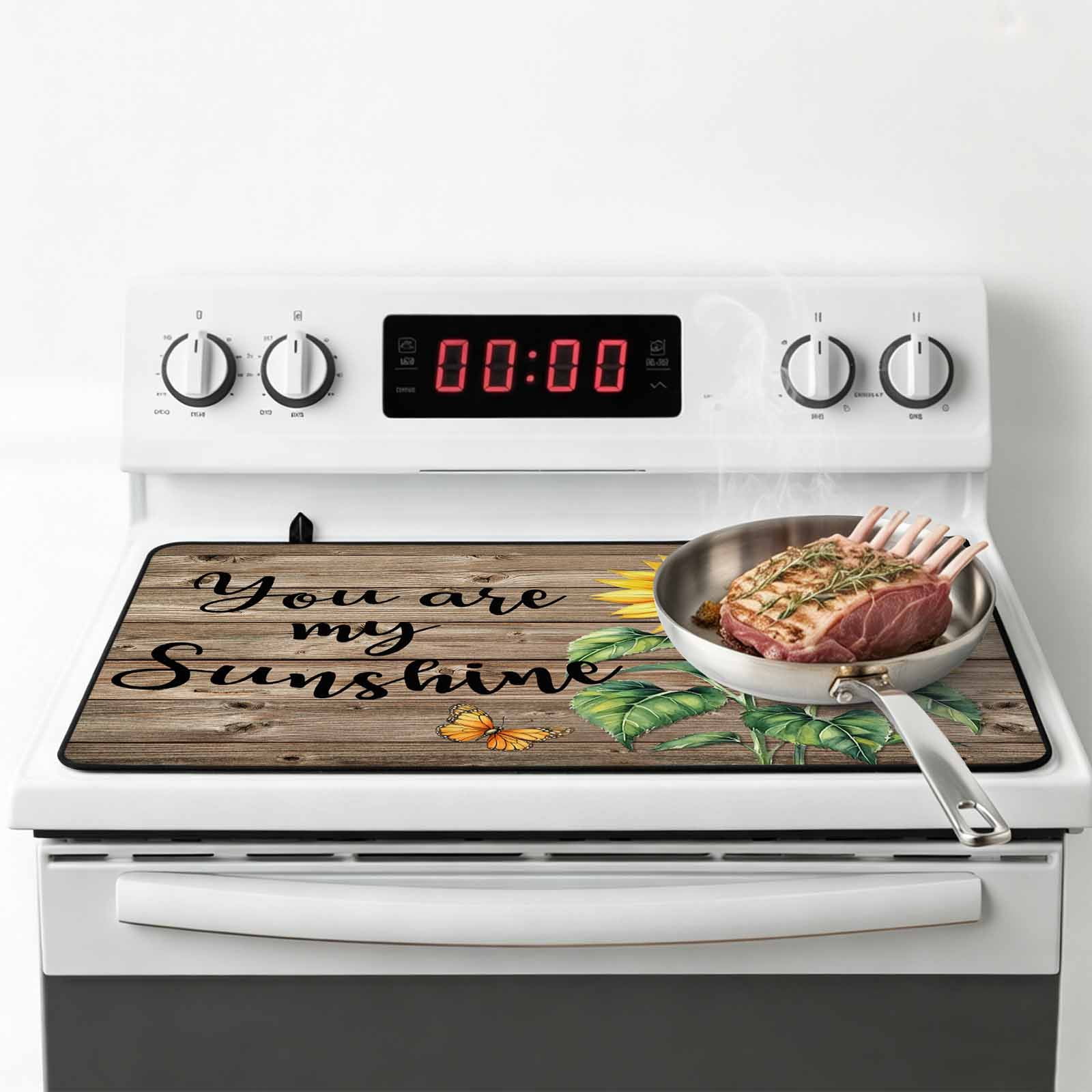 Sunflower Yellow Stove Top Cover for Electric Stove, Heat-proof & Non Slip Glass Top Stove Cover Protector, Sunshine Butterfly Farmhouse Wood Brown Kitchen Flat Cooktop Rubber Mat 24x21 Inches