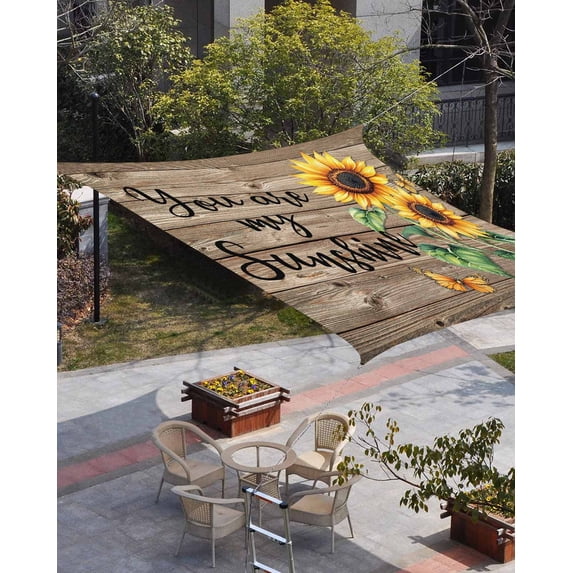 Sunflower Yellow Sun Shade Sail 6.5'x10' Rectangle Outdoor Shade Canopy, Sunshine Butterfly Farmhouse Wood Brown Porch Shades Outdoor Sun Blocking Screen, Sunshade Cloth Covers for Patio/Deck/Garden
