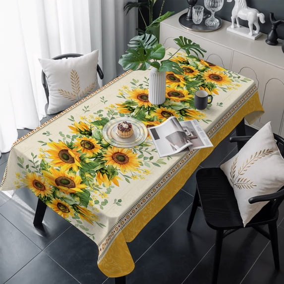 Sunflower Yellow Table Cloth Waterproof Tablecloths, Retro Southwest Country Plant Leaf Floral Tablecloth Dining Table Cover for Kitchen Party Tabletop Outdoor, Rectangle Tablecloth 54x108 Inch