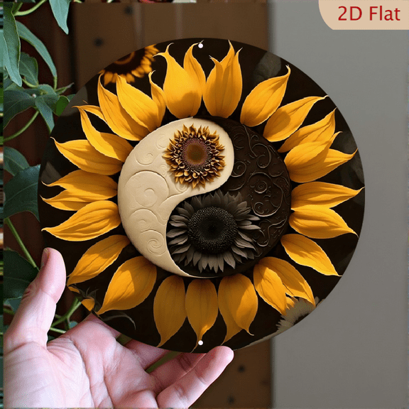 Sunflower Yin Yang Symbol Metal Wall Decor - Boho Chic Living Room Accent, 1pc, 8" Wall Art Metal Signs For Kitchen, Office, Bedroom, Room, Home, Bathroom Decor, Housewarming Gift, 2D Flat