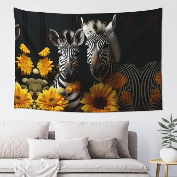 Sunflower and Zebra Dark Background Tapestry, Aesthetic Boho Wall Hanging, Vertical Decorative Vintage Poster Flag, 60 x 40 Inch for Bedroom and Living Room Decor