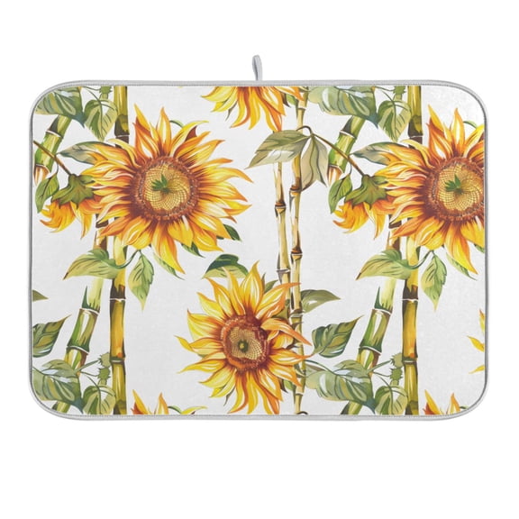 Sunflower and Bamboo Dish Drying Mat 16x18 Absorbent Microfiber Draining Rack Pad for Kitchen Counter Sink