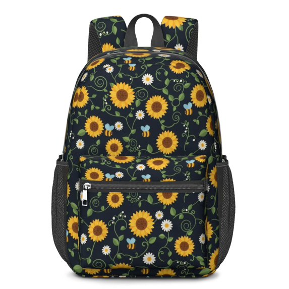 Sunflower and Bee Black Pattern 17" Waterproof Oxford School Backpacks for Teens, S-Shape Padded Straps, for School, Travel, Hiking, Camping