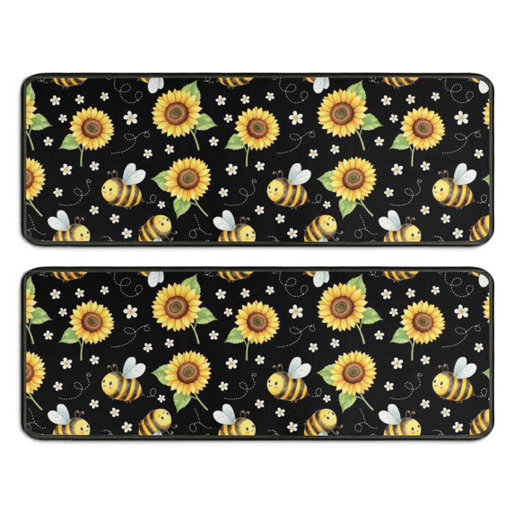 Sunflower and Bee Black Pattern Anti Fatigue Kitchen Rugs Set Of 2, Non Slip Washable Decorative Floor Mats for Sink Laundry and Home Use, 17"x47"
