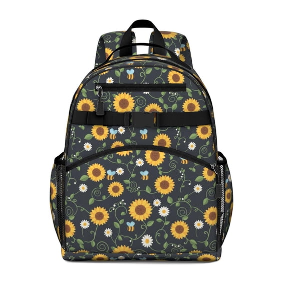 Sunflower and Bee Black Pattern Cute School Backpack Bag for School with Padded Back and Adjustable Shoulder Straps 15.25"x11.5"x5.25"