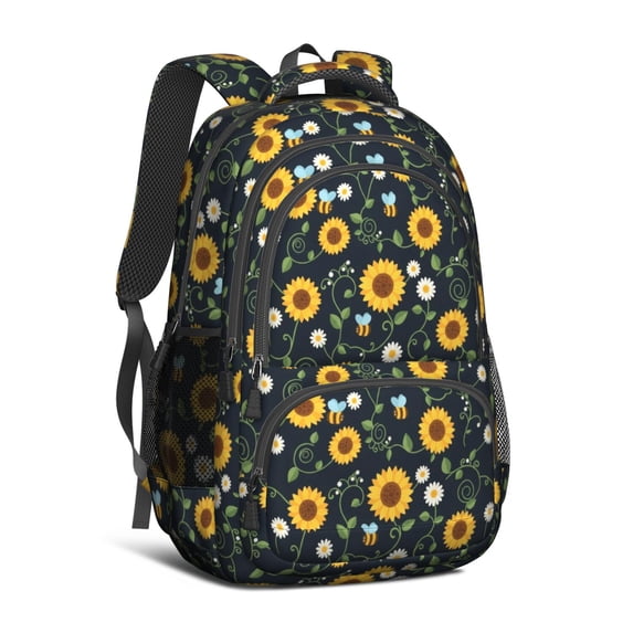 Sunflower and Bee Black Pattern Cute School Backpack Bag with Padded Back and Adjustable Shoulder Straps 16.9 X 12.6 X 5.9 Inches