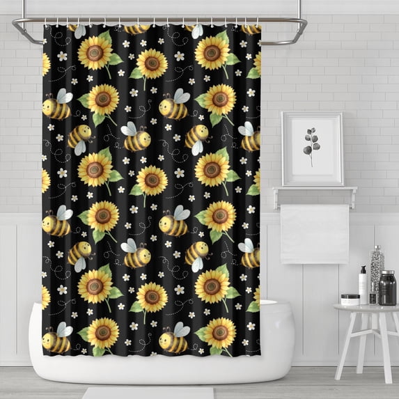 Sunflower and Bee Black Pattern Modern Waterproof Shower Curtain Set with 12 Hooks, Washable Decorative Bathroom Shower Curtain