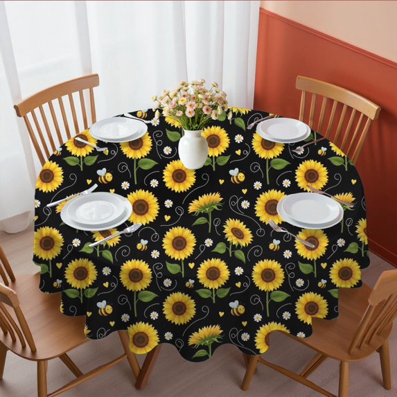 Sunflower and Bee Black Pattern Round Tablecloth 60"x60", Wrinkle Resistant Wipeable Table Cover for Kitchen Dining Room Picnic Patio and Party