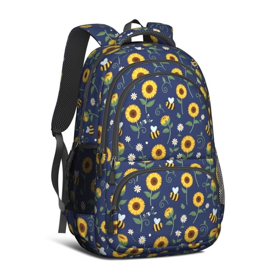 Sunflower and Bee Blue Pattern Cute School Backpack Bag with Padded Back and Adjustable Shoulder Straps 16.9 X 12.6 X 5.9 Inches