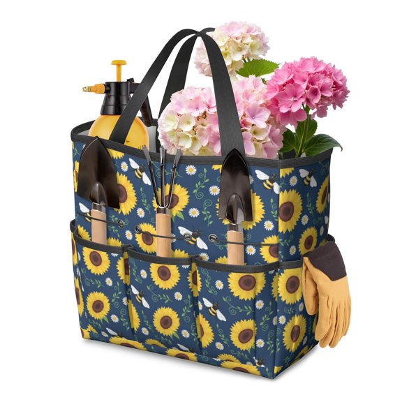 Sunflower and Bee Blue Pattern Garden Tool Bag, Garden Tool Tote with Multi Pockets & Large Capacity, Waterproof Gifts for Outdoor Yard Gardening