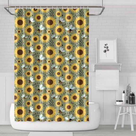 Sunflower and Bee Green Pattern Modern Waterproof Shower Curtain Set with 12 Hooks, Washable Decorative Bathroom Shower Curtain