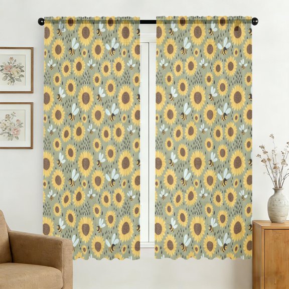 Sunflower and Bee Green Pattern Sheer Curtains, Rod Pocket Sheer Drapes with Dual Rod Pocket, Light Filtering Gifts for Living Room Bedroom,42"x63"