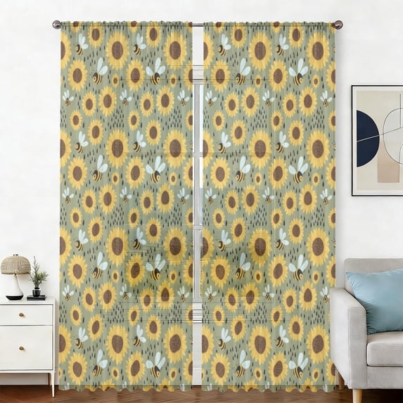 Sunflower and Bee Green Pattern Sheer Curtains, Sheer Curtain Panels ...
