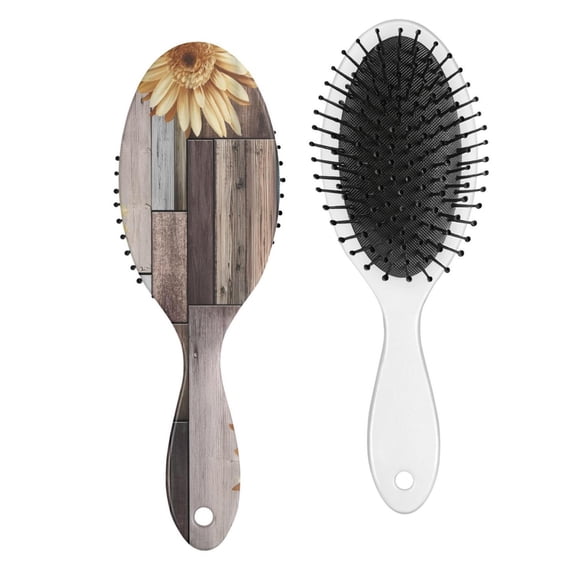 Sunflower and Bee Illustration Hair Brush, Rustic Farmhouse Style Detangler with Vintage Floral Pattern