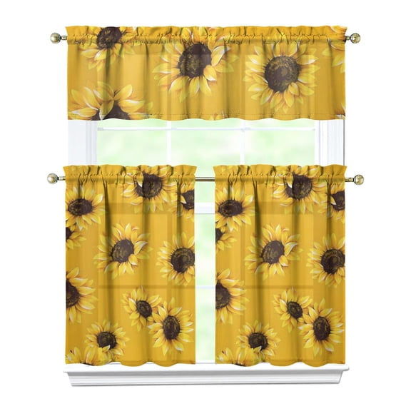 Sunflower and Bee Illustration Kitchen Curtains - Farmhouse Tier & Valance Set, Rod Pocket Design