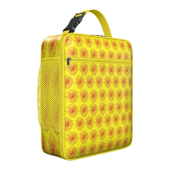 Sunflower and Bee Illustration Lunch Bag, Thermal Insulated Meal Tote for Office Workers, Waterproof Rustic Yellow Floral Bag