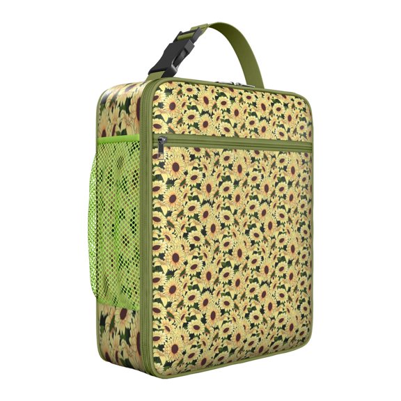 Sunflower and Bee Illustration Lunch Bag, Thermal Insulated Meal Tote for Office Workers, Waterproof Rustic Yellow Floral Bag
