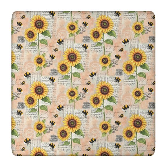 Sunflower and Bee Pink Pattern Square Fitted Tablecloth with Elastic Edge, Washable Table Cover for Home Kitchen Party and Daily Decor 36in(91cm)