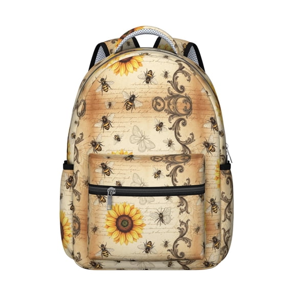 Sunflower and Bee Scroll Cream Pattern Backpack for School, Cute School Bag with Adjustable Shoulder Straps and Padded Back, 15.3"x11"x7.1"
